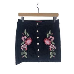 Guess Womens Black Denim Mini Skirt With Floral Embroidery & Front Buttons